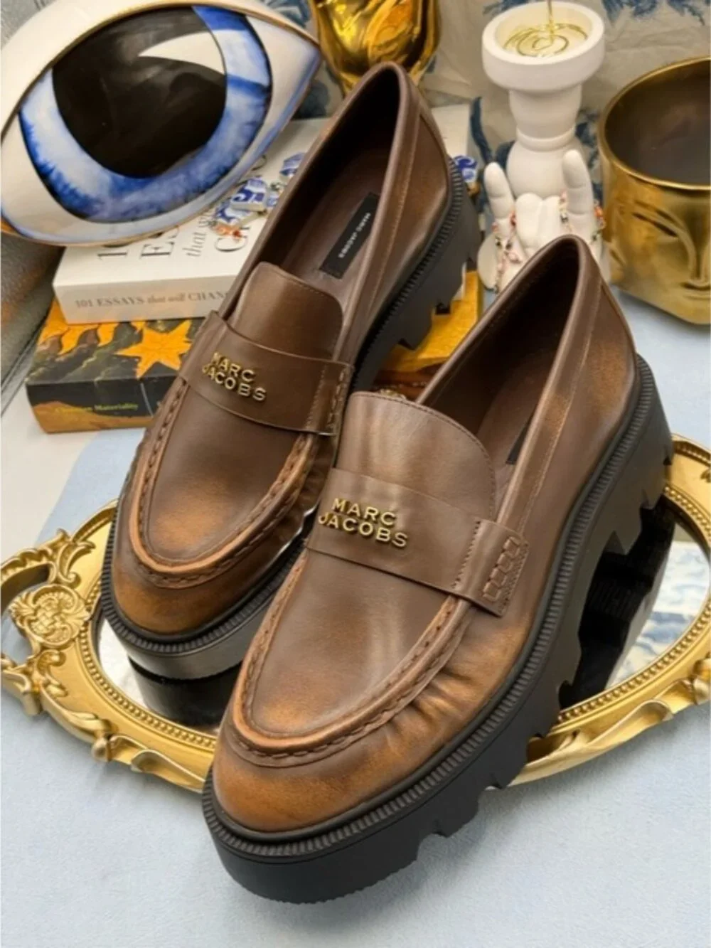 🆕 MARC JACOBS 🧿 NWOB The Distressed Leather Frankie Loafer, Brown - Sz 39 / 9 - Picture 6 of 14